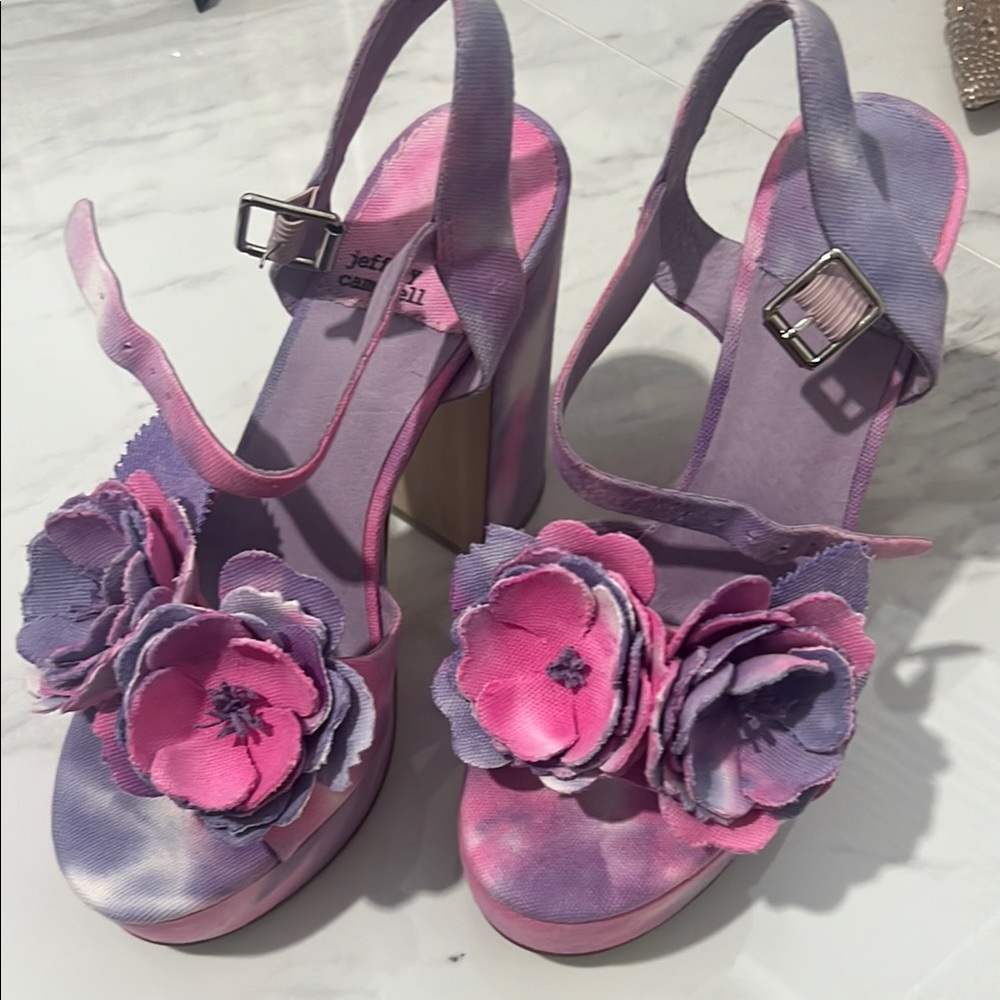Jeffrey Campbell Pink and Purple Platform Sandals with Floral Accents